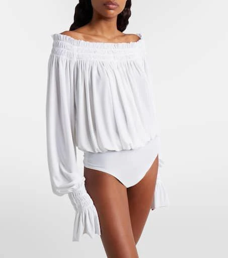 Norma Kamali Off-shoulder smocked bodysuit 3