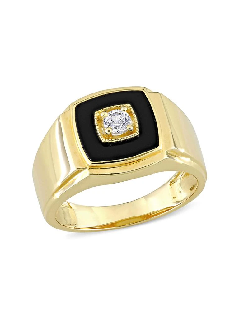 Sonatina Goldtone Sterling Silver, Onyx 
Created White Sapphire Signet Ring