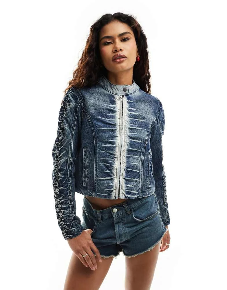 Reclaimed Vintage Reclaimed Vintage ruched denim biker jacket in washed blue 3