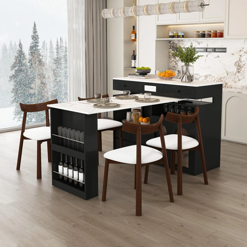 Streamdale Furniture Streamdale Kitchen Island Set with 4 Chairs, Extendable 
Rotating Table, MDF Marble Veneer 2