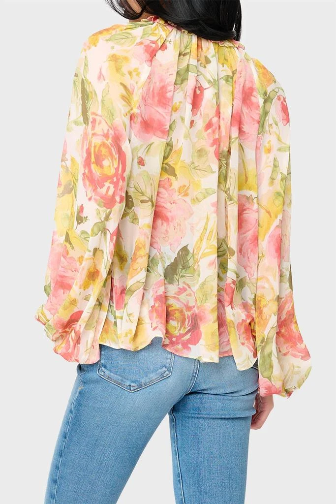 RESET by Jane Button Front Chiffon Blouse With Tie In Pink/yellow Floral Garden Print 3
