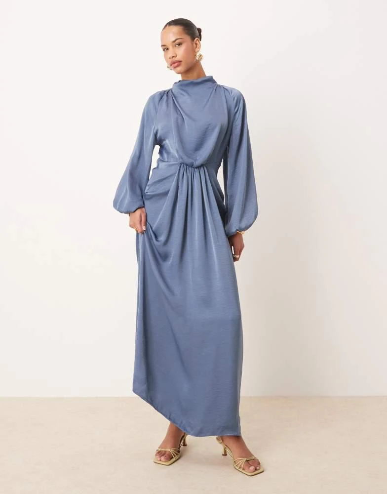 ASOS ASOS DESIGN draped blouson sleeve satin maxi dress in smokey