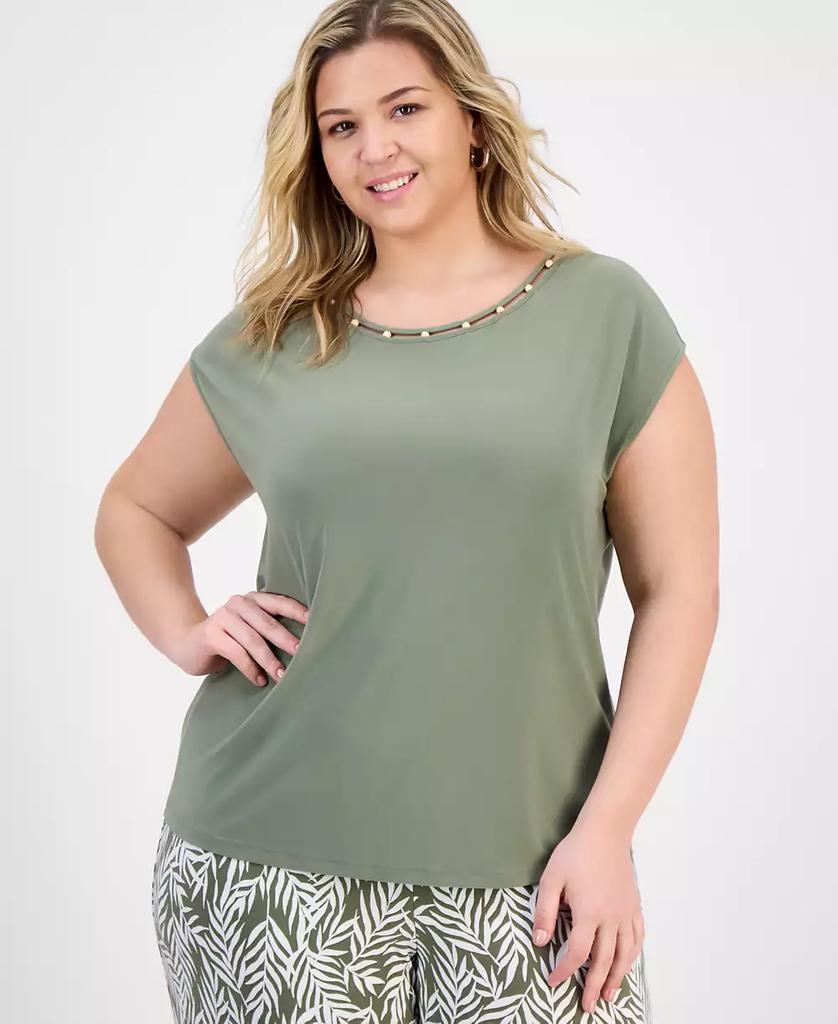 Kasper Plus Size Beaded-Neckline Short-Sleeve Top