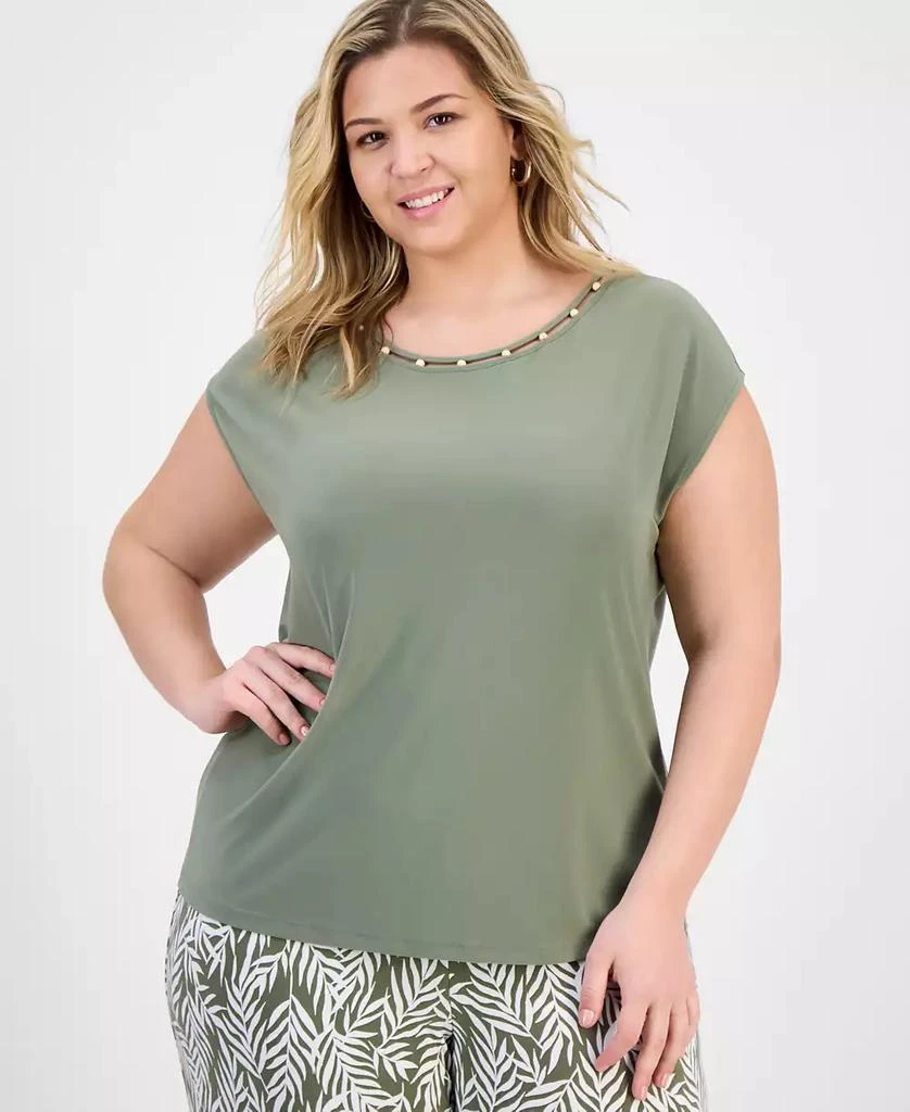 Kasper Plus Size Beaded-Neckline Short-Sleeve Top 1
