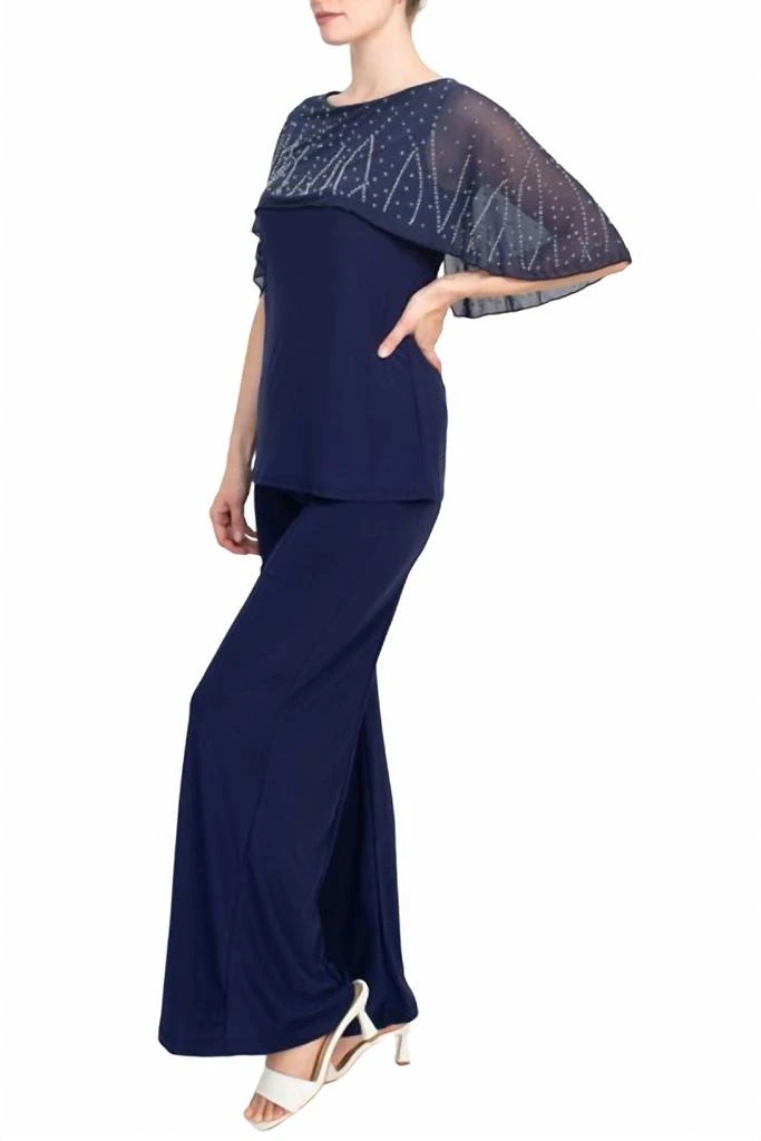 MARINA Boat Neck Embellished Capelet Sleeve Top 
Wide Leg Pant Set In Navy 2