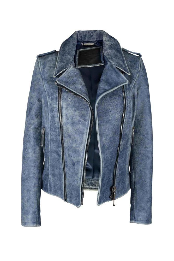 Philipp Plein Aged Blue Leather Perfecto Jacket
