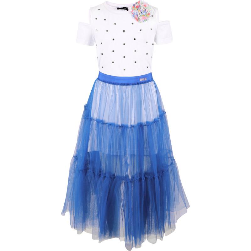 Monnalisa Studded top and long tulle skirt set in white and blue