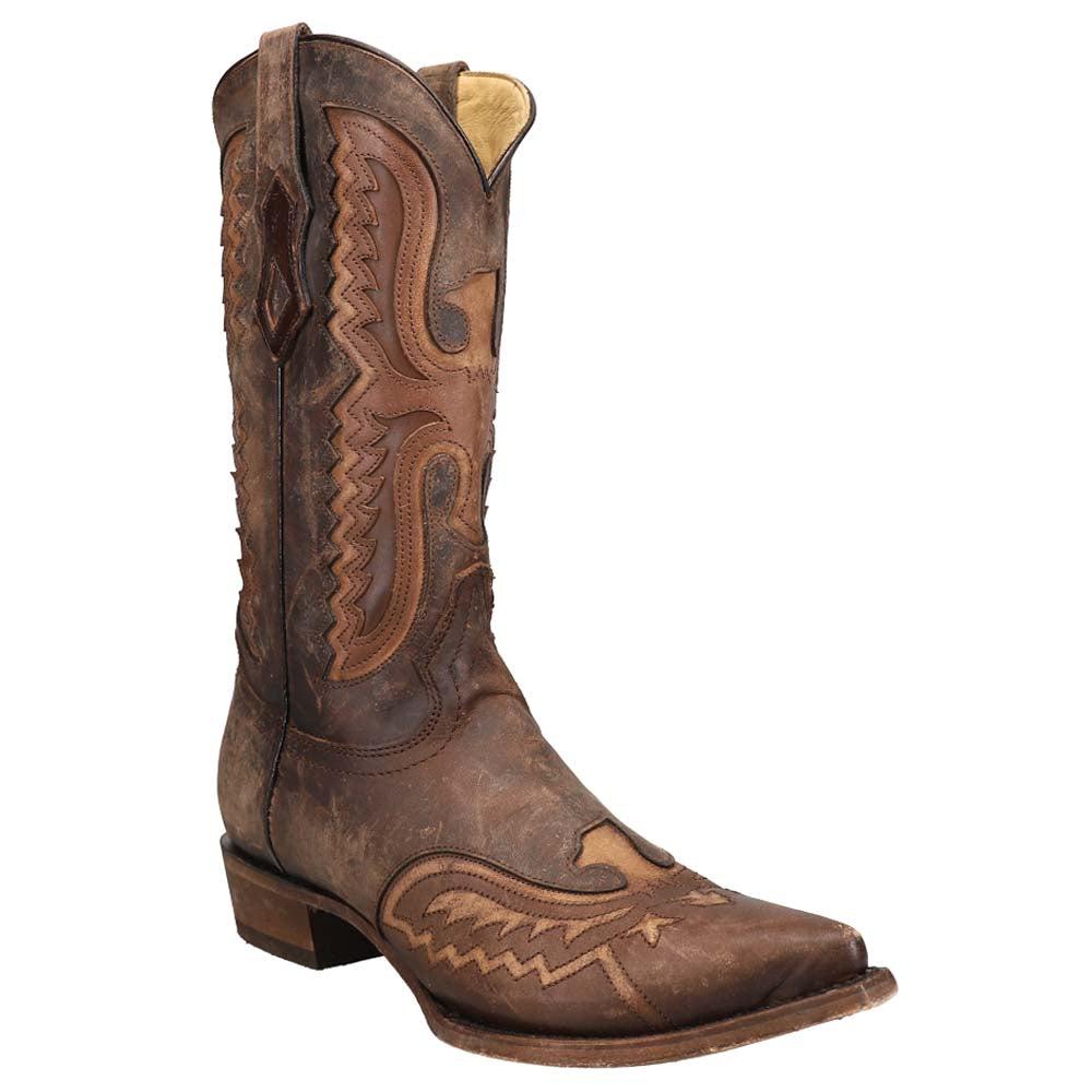 Corral Boots Distressed Tan Eagle and Embroidered Snip Toe Cowboy Boots