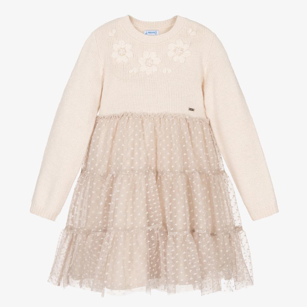 MAYORAL Beige Daisy Overlay Tulle Dress