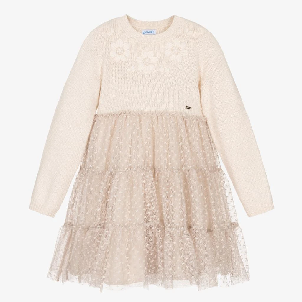 Mayoral Beige Daisy Overlay Tulle Dress 1