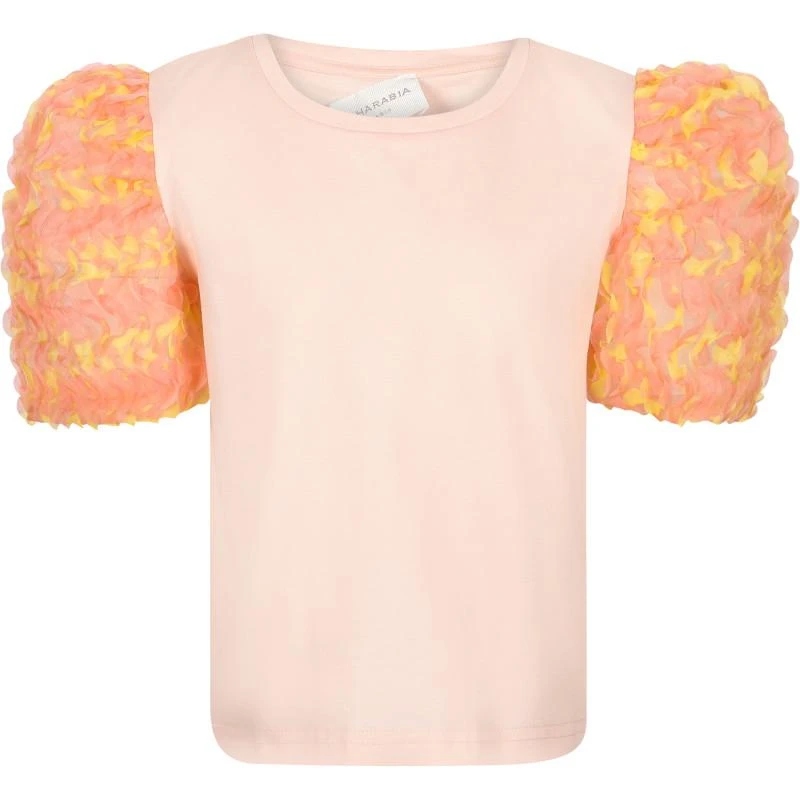 Charabia Ruffled mesh sleeves top in pink and yellow 1