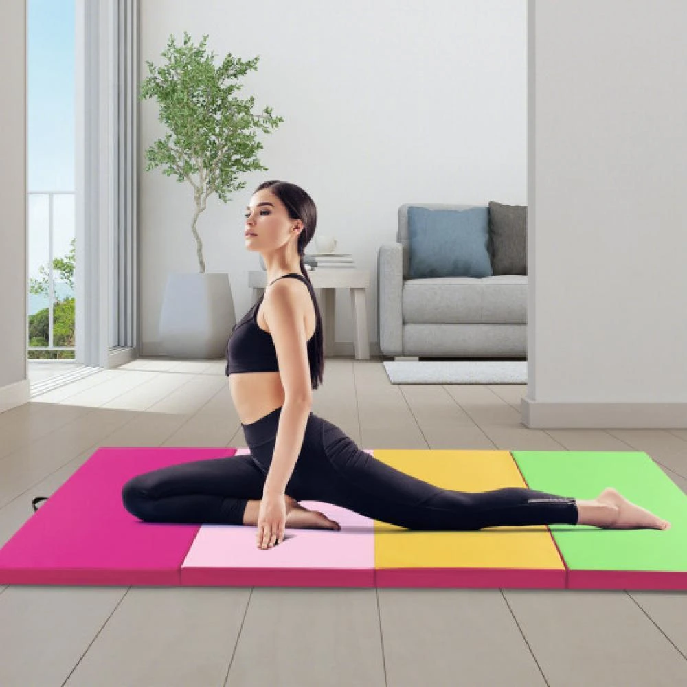 Hivvago 4-Panel PU Leather Folding Exercise Mat with Carrying Handles-Pink 8