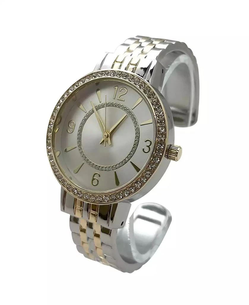 Olivia Pratt Two Tone Round Face Rhinestone Bezel Textured Bangle Women Watch 3