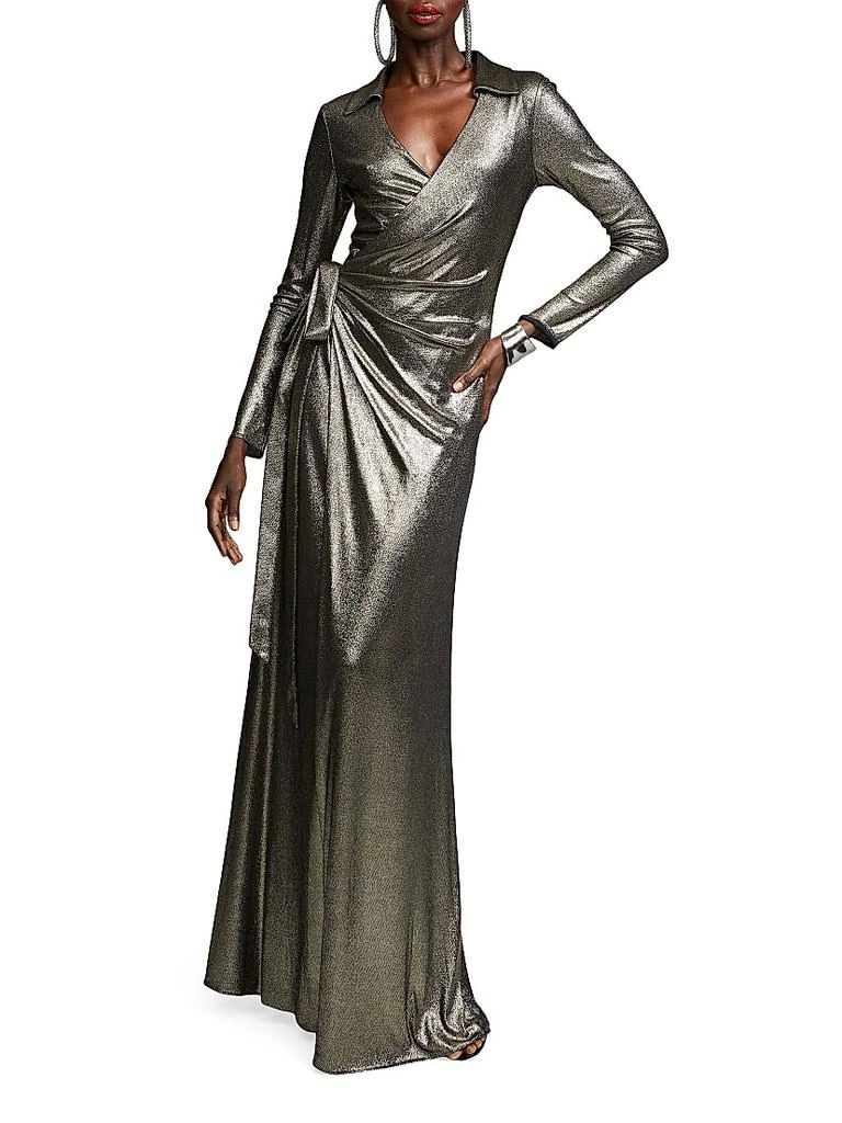 Jira Metallic Jersey Wrap Gown  On Sale Now with Up to 60% Off | Discover  Exclusive Deals & Savings at BeyondStyle  Authentic HALSTON dresses|modern|women's|a-line|women's  apparel|long sleeve|wrap|Women's|solid|floor-length|v-neck with  Limited-Time ...