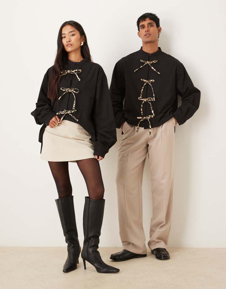 Sister Jane Sister Jane Unisex leopard tie bow front shirt in black