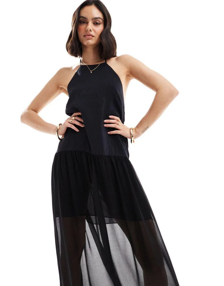 ASOS ASOS DESIGN halter trapeze cupro and chiffon maxi dress in black 3