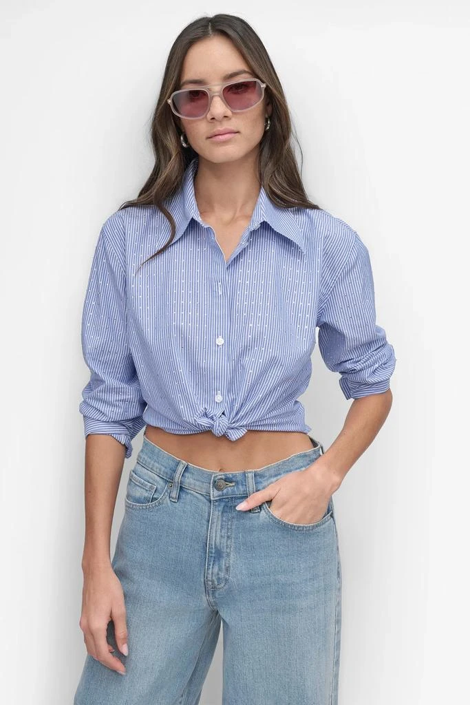DKNY STRIPED POPILIN STUDDED RHINESTONE TOP 5