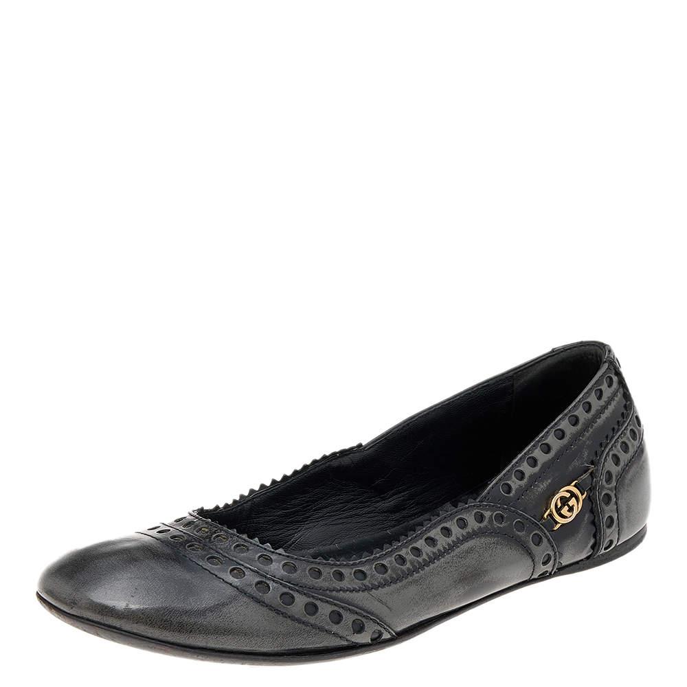 Gucci Gucci Black/Grey Brogue Leather Ballet Flats Size 35.5