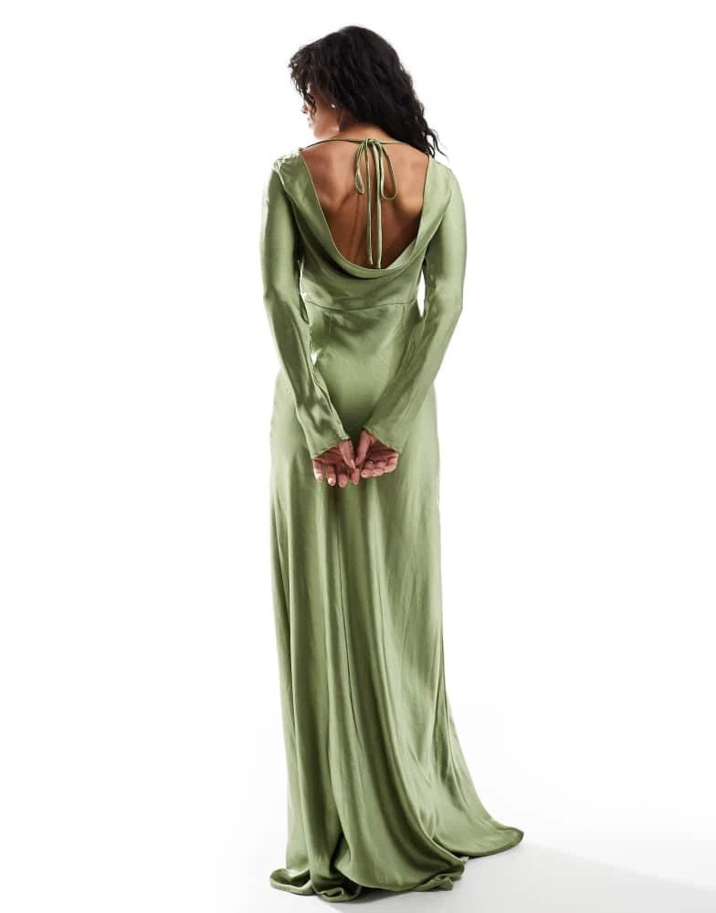 Six Stories Six Stories Bridesmaids long sleeve cowl back satin maxi dress in moss green 2