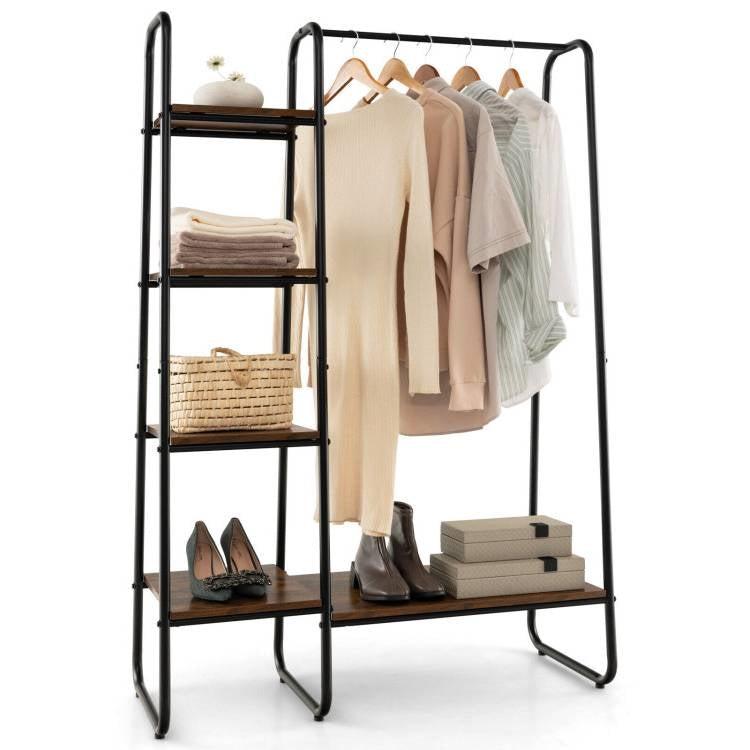 QuikFurn Industrial Wood Metal Garment Rack Clothes Hanging Bar with Storage Shelves
