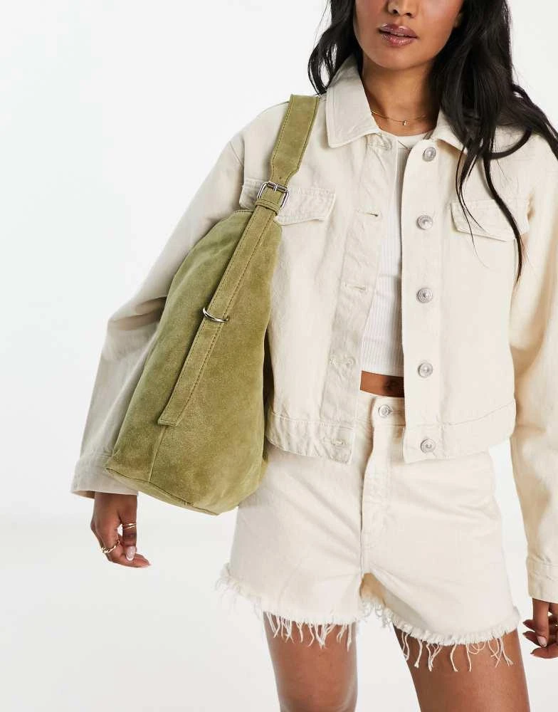ASOS ASOS DESIGN suede tote bag with buckle in khaki green 2