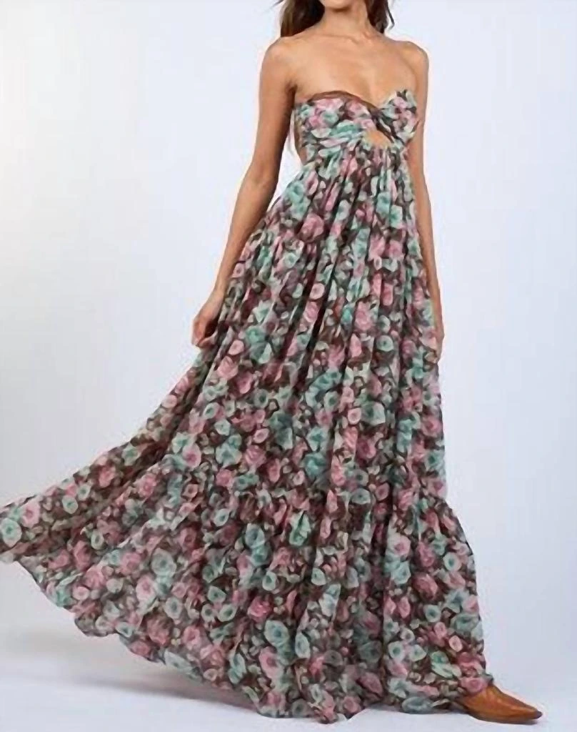 Sky to Moon Floral Flowy Strapless Maxi Dress In Brown 1