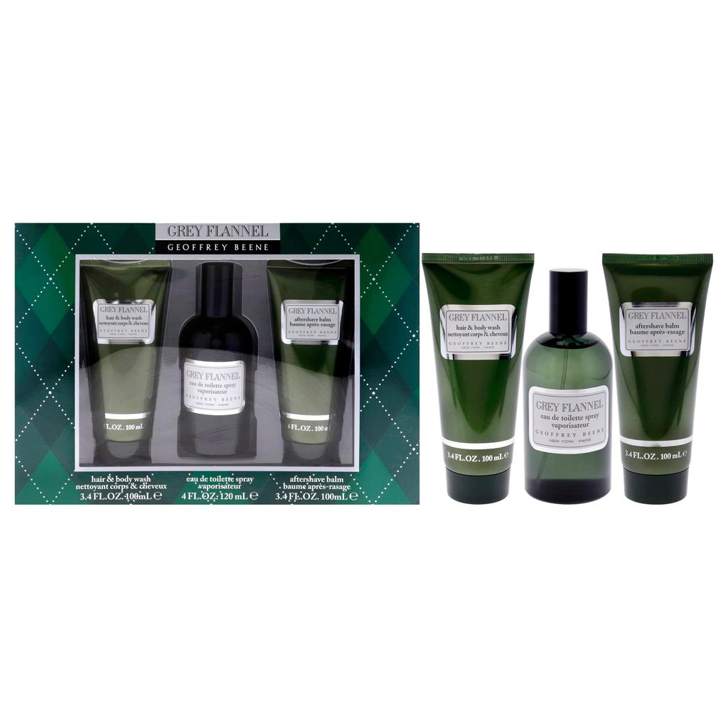 Geoffrey Beene Grey Flannel by  for Men - 3 Pc Gift Set 4oz EDT Spray, 3.4oz After Shave Lotion, 3.4oz Hair and Body Wash