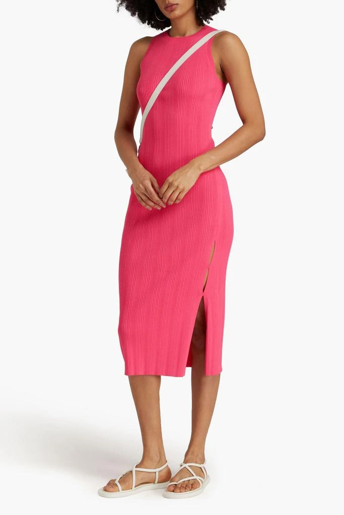 knee length dresses for ladies Knit Midi Dress in White with Contrast Green Trim