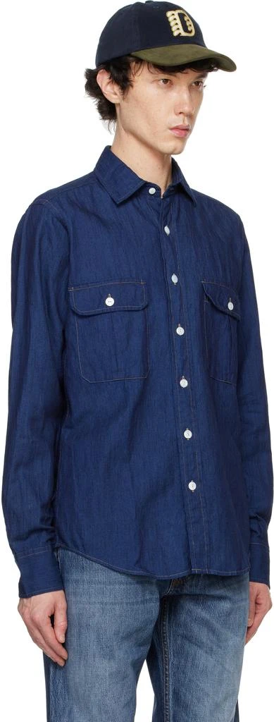Drake's Blue Cotton Linen Two-Pocket Work Denim Shirt 2