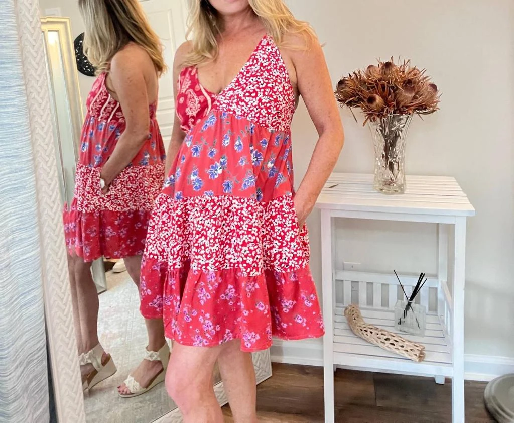 PAANI Short Patchwork Print Dress In Various Reds 1