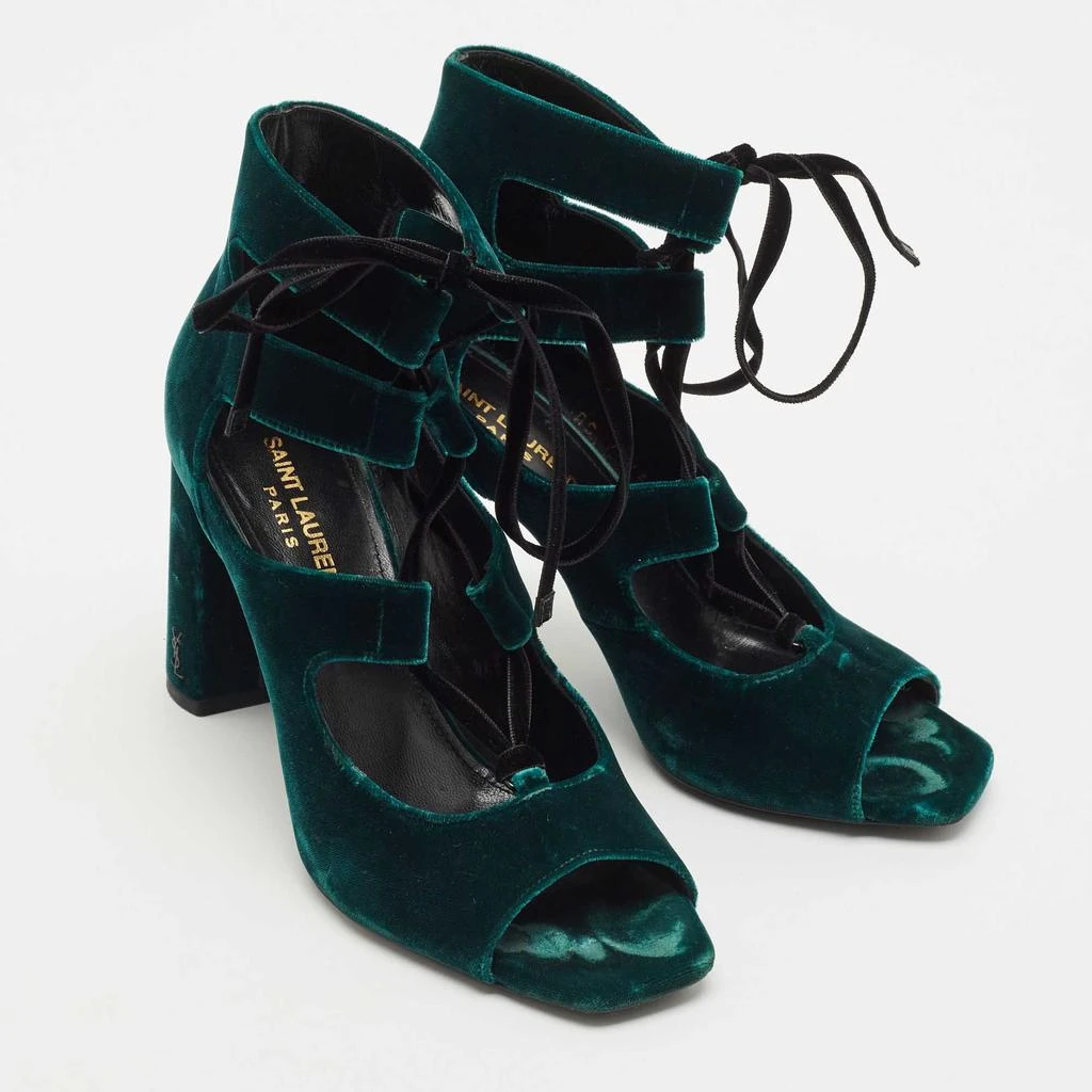Yves Saint Laurent Saint Laurent Dark Green Velvet Loulou Open Toe Lace Up Block Heel Pumps Size 37.5 4
