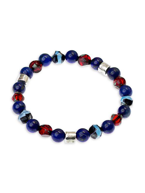 Jean Claude Sterling Silver, Bohemian Crystal, Lapis & Bead Stretch Bracelet