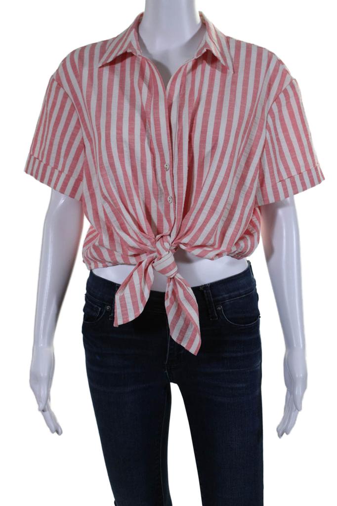 Cara Cara Womens Striped Collared Short Sleeve Button Up Blouse Top Pink