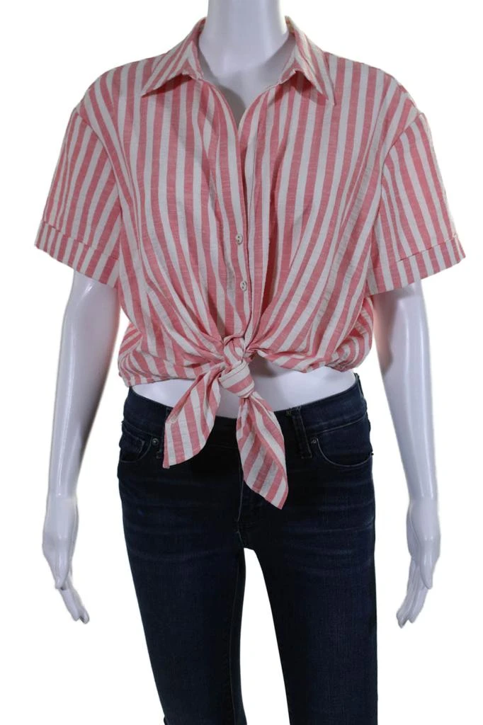 Cara Cara Womens Striped Collared Short Sleeve Button Up Blouse Top Pink 1