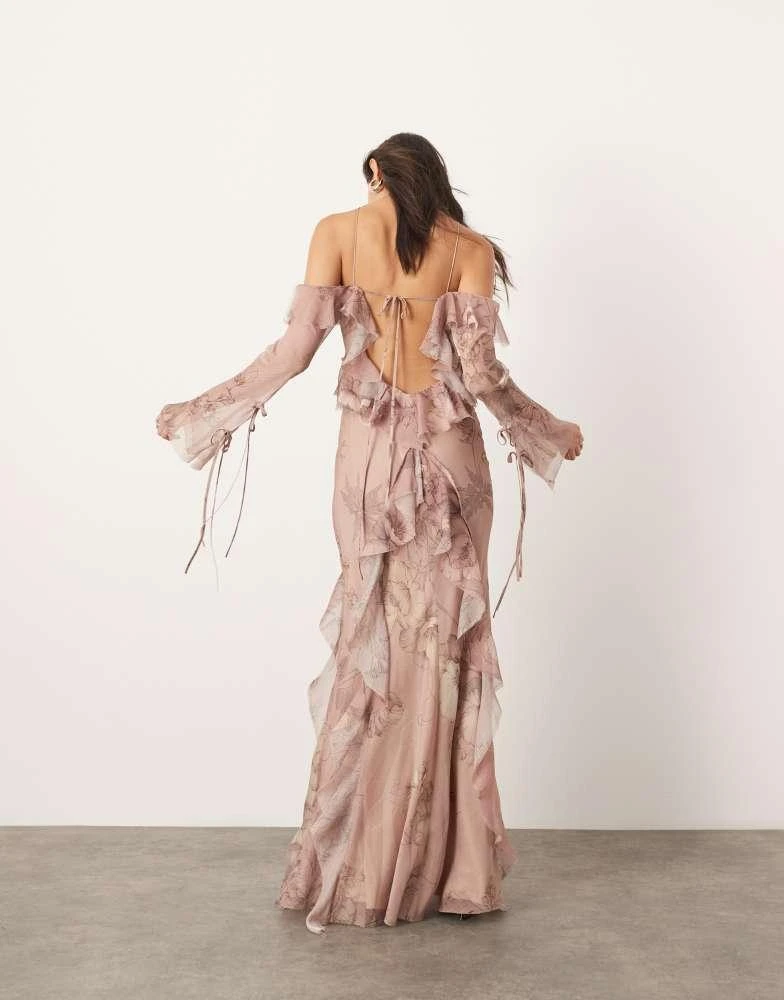 ASOS ASOS EDITION chiffon halter cold shoulder raw edge ruffle maxi dress in blush floral print 2