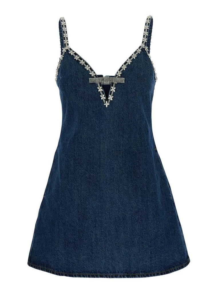 Self Portrait Blue Mini Dress With Bow Detail On The Front And Crystal Embellishment In Denim Woman 1
