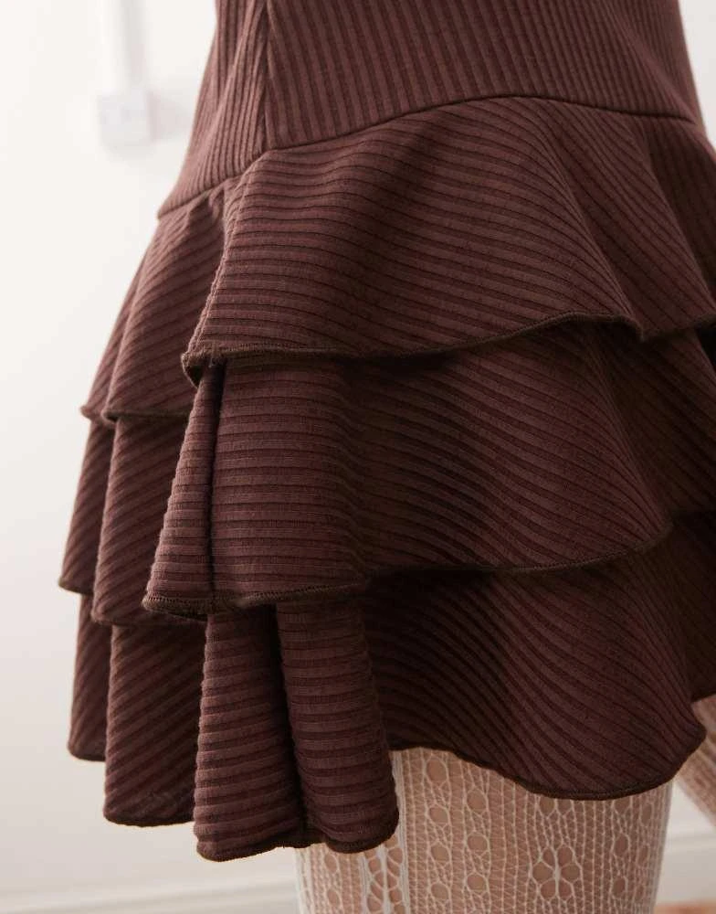 Reclaimed Vintage Reclaimed Vintage long sleeve ruffle drop waist mini dress in brown 4