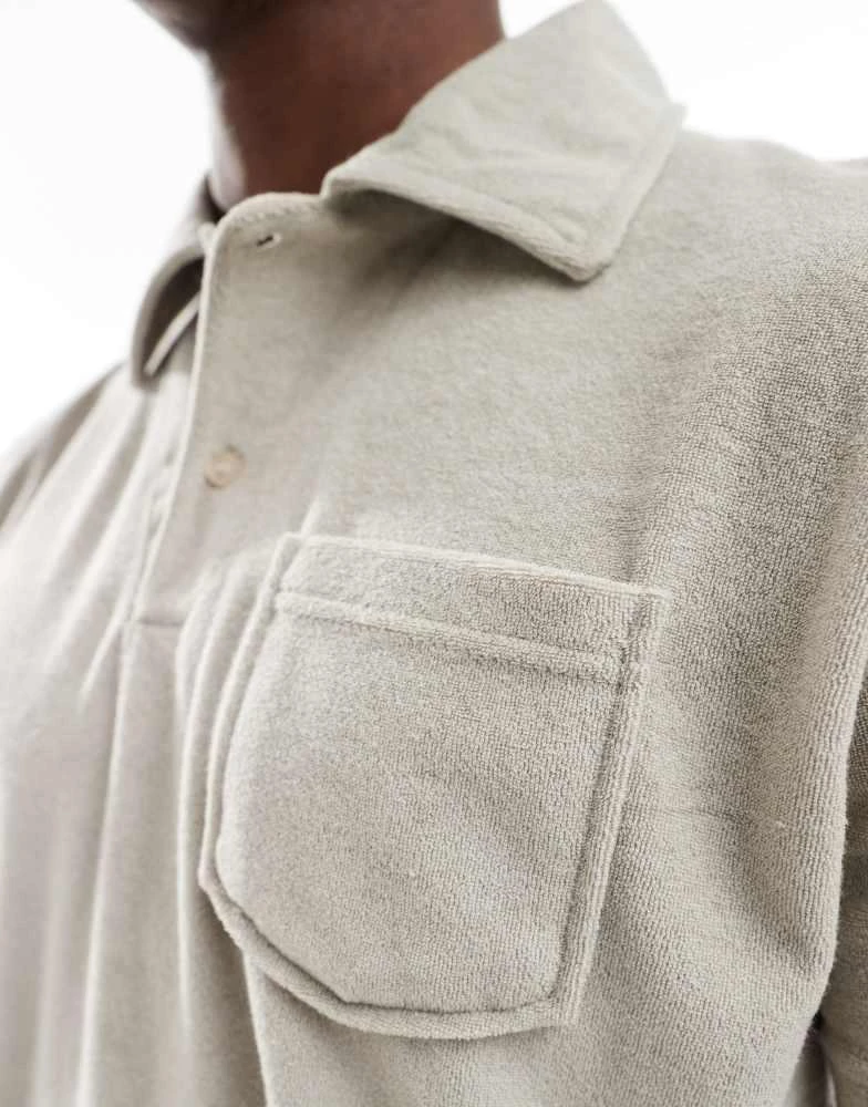 Brave Soul Brave Soul towelling co-ord polo shirt with revere collar in stone 3