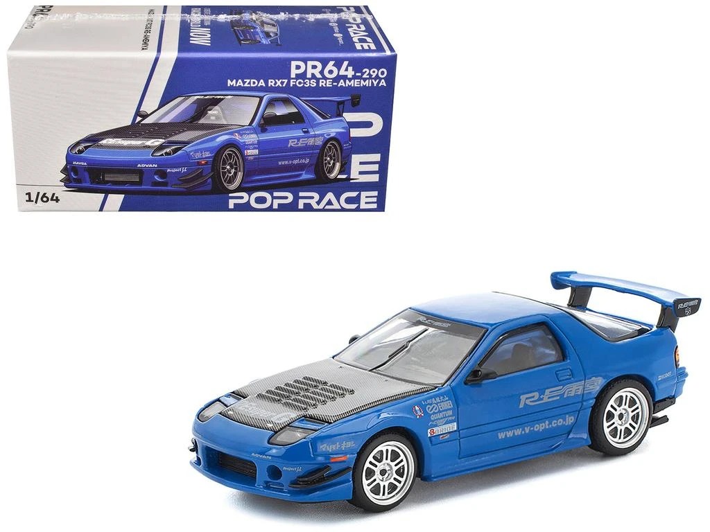 Pop Race Mazda RX7 (FC3S) RE Amemiya RHD (Right Hand Drive) Blue Metallic with Carbon Hood 1/64 Diecast Model Car by