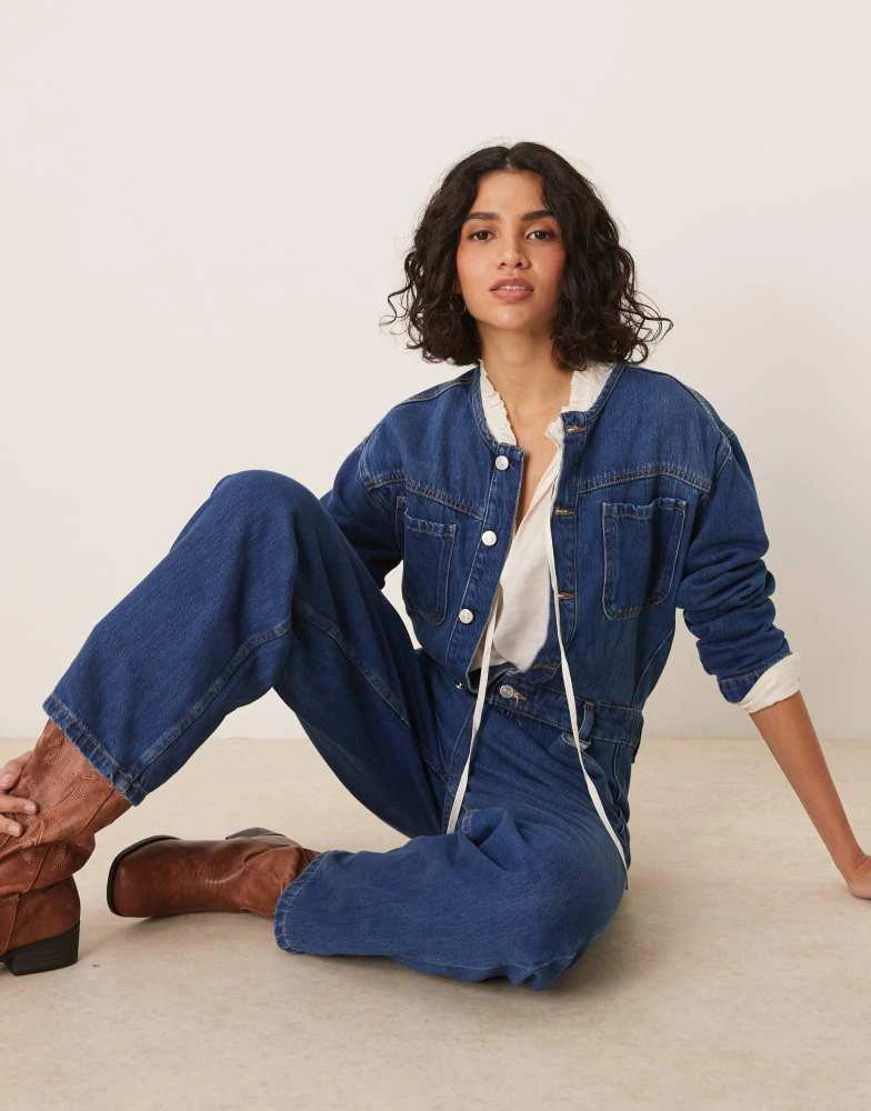 ASOS ASOS DESIGN premium collarless denim jumpsuit in midwash blue 2