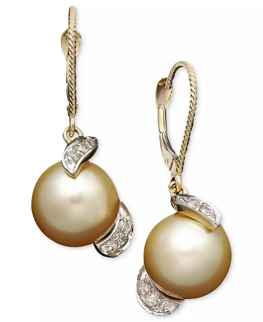 Macy's 14k Gold Earrings, Cultured Golden South Sea Pearl (9mm) and Diamond (1/5 ct. t.w.) Drop Earrings 1