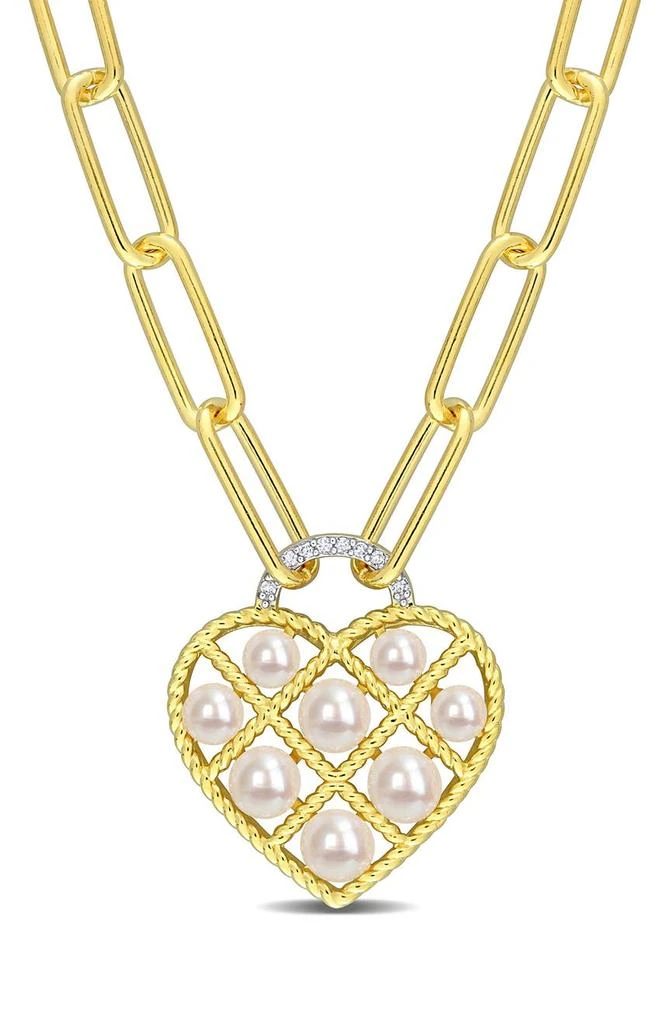 DELMAR Yellow Gold Plated Sterling Silver 4.5-5mm Freshwater Cultured Pearl Diamond Heart Pendant Necklace - 0.01 ctw.