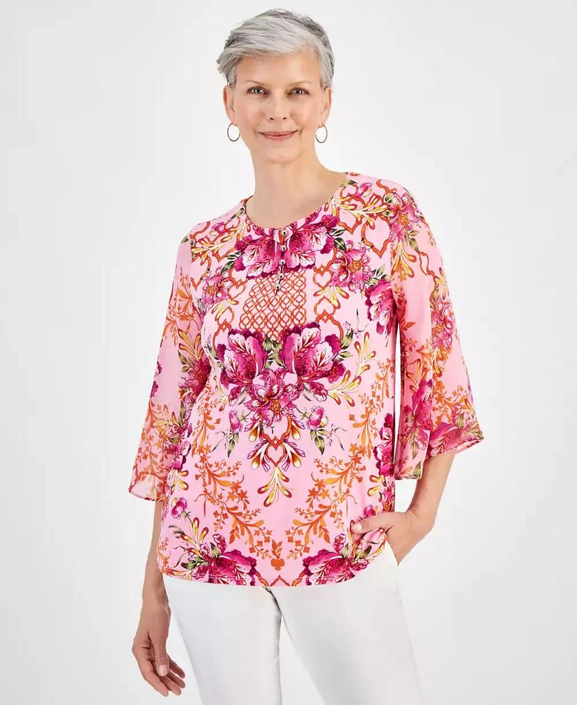 JM Collection Women's Button-Trim Printed 3/4-Sleeve Top, Created for Macy's 1
