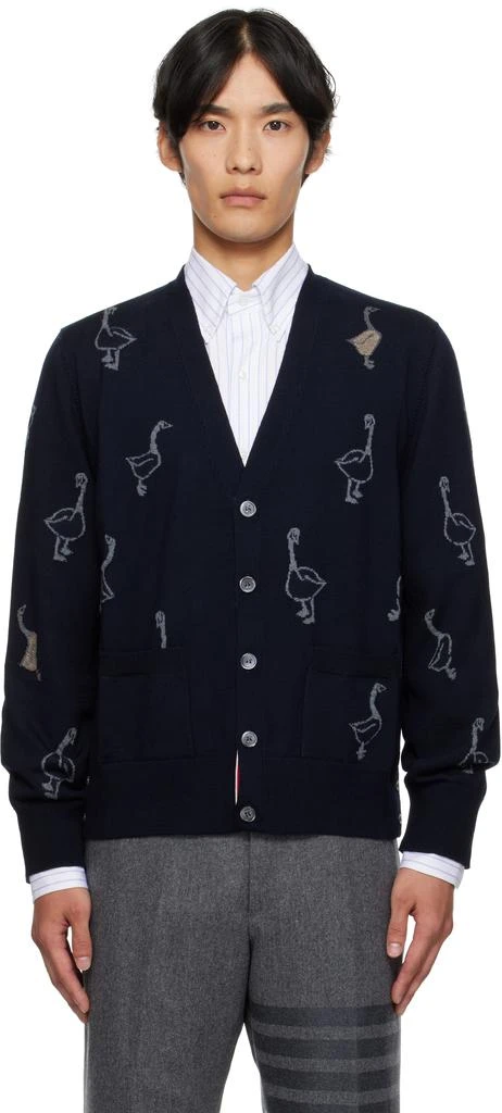 Thom Browne Navy Geese Intarsia Merino Relaxed Fit Cardigan 1