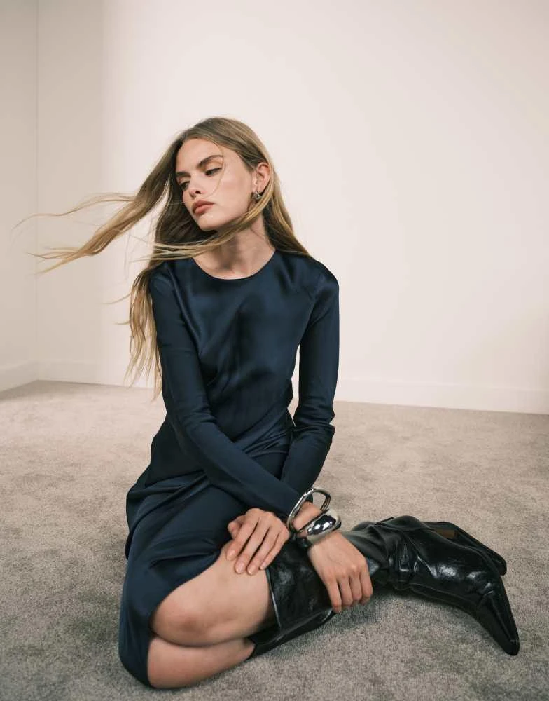 Mango Mango long sleeve satin maxi dress in navy - Dresses & Skirts - Free  Shipping - BeyondStyle