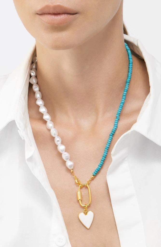 Adornia Turquoise and Freshwater Pearl Lock and Heart Pendant Necklace gold 2