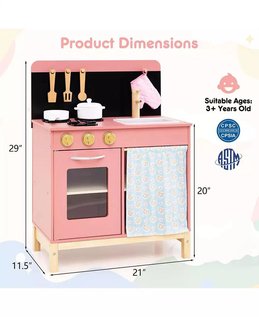 HONGGE Wooden Play Kitchen for Kids with Door Curtain and Cooking Accessories - Pink 2