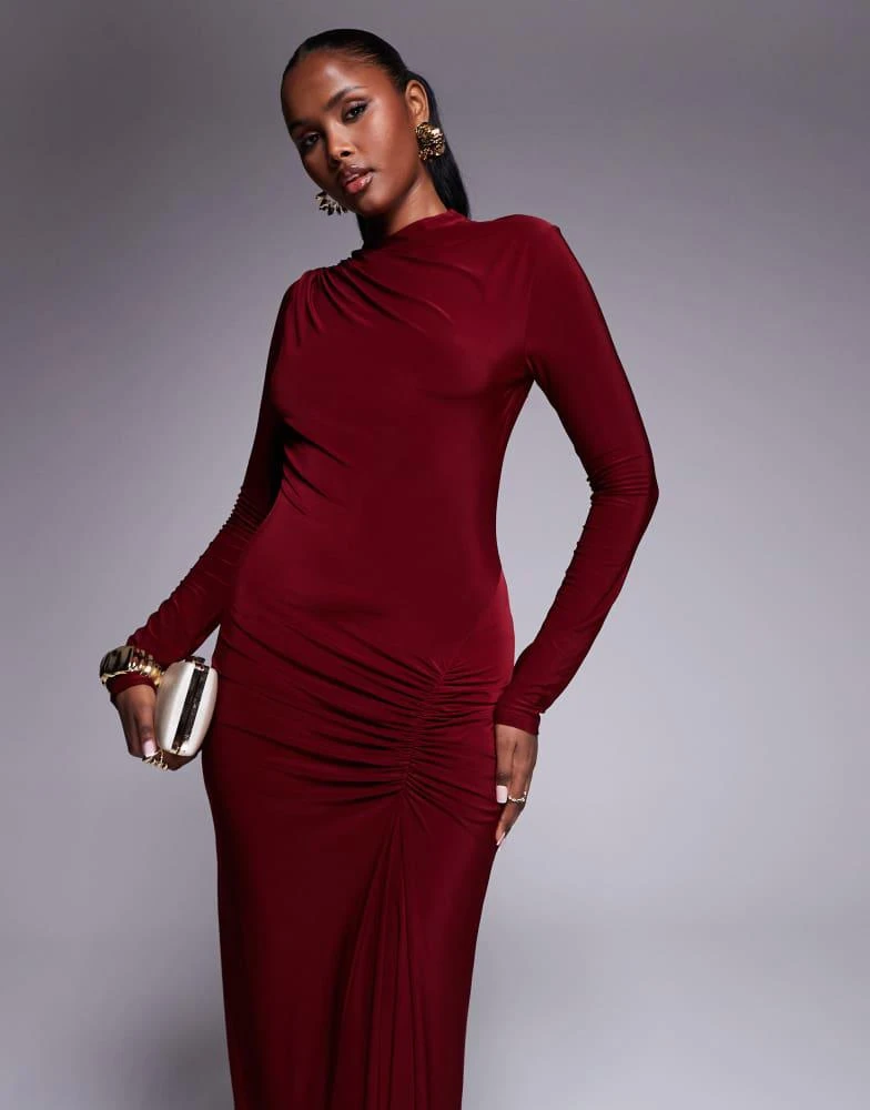 ASOS ASOS DESIGN high neck slinky maxi dress with ruched skirt detail in burgundy 2