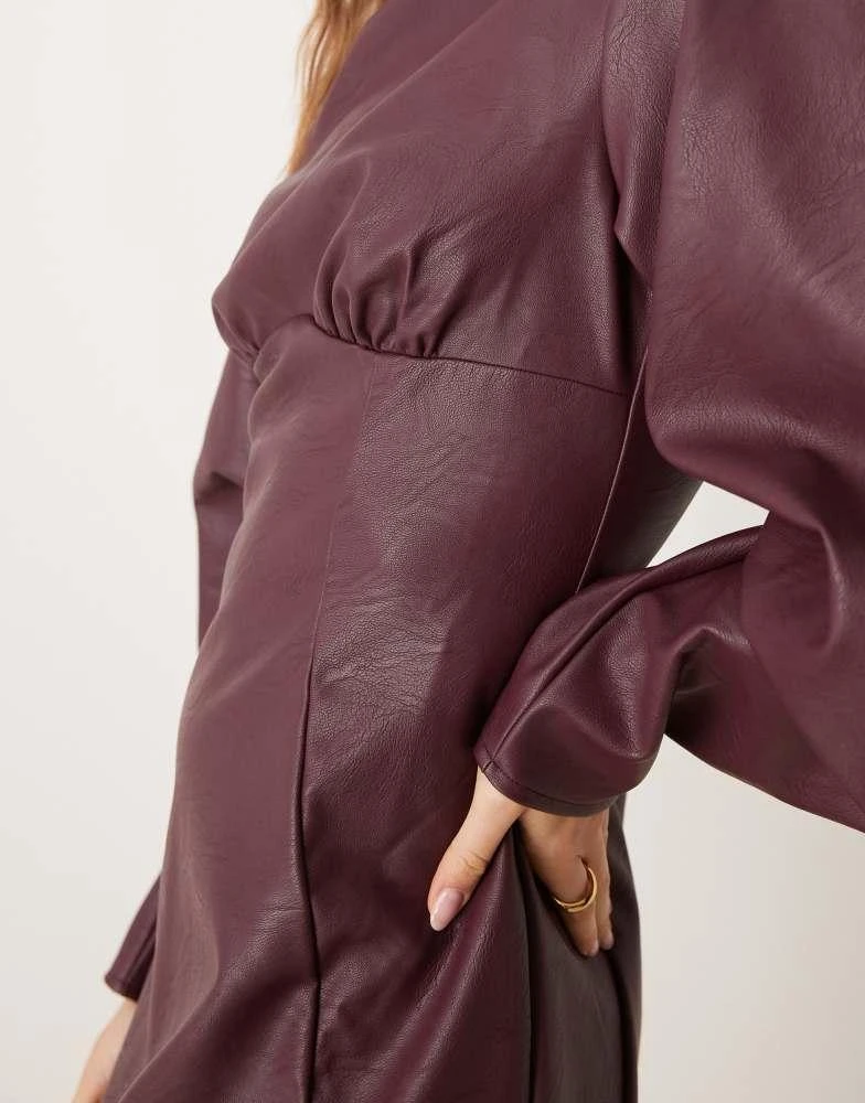 ASOS ASOS DESIGN leather look cocoon sleeve mini dress with underbust seam detail in burgundy 2
