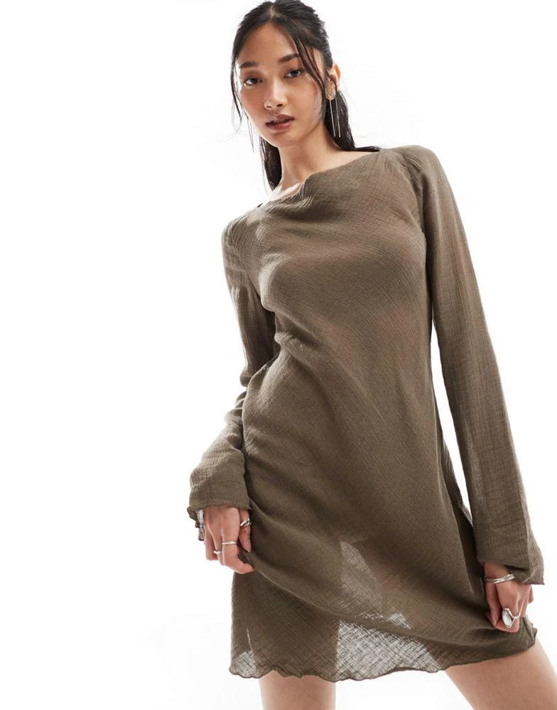 Weekday Weekday Ginko linen blend long sleeve mini dress in brown 1